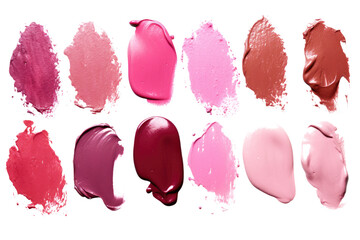 set collection of Assorted Lipstick smear smudge swatch isolated on white or transparent png - obrazy, fototapety, plakaty