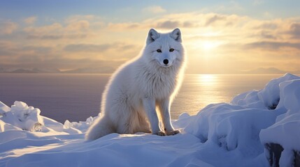 The pristine beauty of the Arctic unfolds as a white fox, its fur cascading, stands elegantly against the snowy panorama