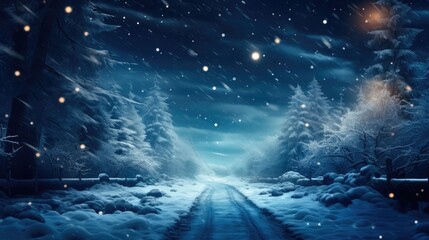 Snowy road in winter forest with snow and starry sky.