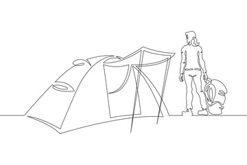 A tourist with a backpack stands in a tent. Tourist tent. Camping. A traveler gets ready to go on a journey. Halt on the hike. One continuous line drawing. Linear. Hand drawn, white background. One li