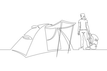 A tourist with a backpack stands in a tent. Tourist tent. Camping. A traveler gets ready to go on a journey. Halt on the hike. One continuous line drawing. Linear. Hand drawn, white background. One li