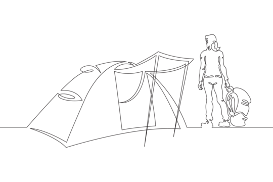 A tourist with a backpack stands in a tent. Tourist tent. Camping. A traveler gets ready to go on a journey. Halt on the hike. One continuous line drawing. Linear. Hand drawn, white background. One li
