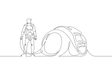 A tourist with a backpack stands in a tent. Tourist tent. Camping. A traveler gets ready to go on a journey. Halt on the hike. One continuous line drawing. Linear. Hand drawn, white background. One li