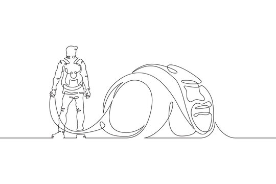 A tourist with a backpack stands in a tent. Tourist tent. Camping. A traveler gets ready to go on a journey. Halt on the hike. One continuous line drawing. Linear. Hand drawn, white background. One li