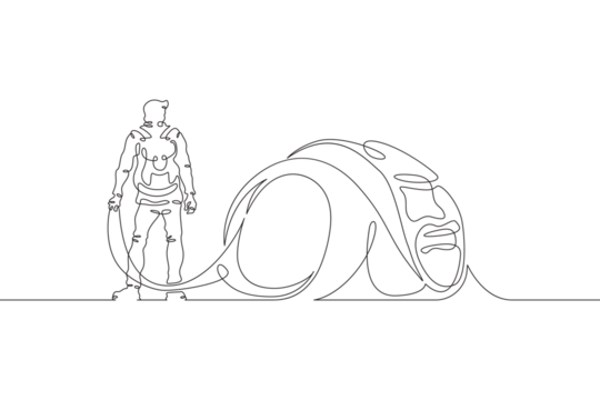 A tourist with a backpack stands in a tent. Tourist tent. Camping. A traveler gets ready to go on a journey. Halt on the hike. One continuous line drawing. Linear. Hand drawn, white background. One li