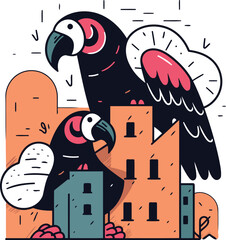 Vector illustration of parrot in the city cute cartoon parrot