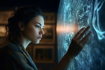Woman using interactive futuristic map. World connection hologram innovative digital project. Generate ai - obrazy, fototapety, plakaty