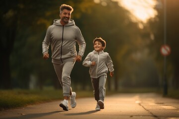 Father and son dressed in tracksuits running with morning light. - obrazy, fototapety, plakaty
