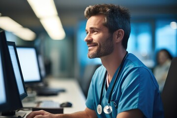 Male nurse looking something up on the computer at hospital.