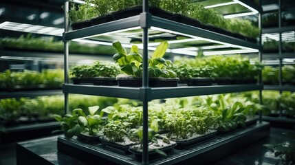Growing Vegetables and salad leaves in Greenhouse on Aluminum Shelves Under Artificial Light, Sustainable agriculture.