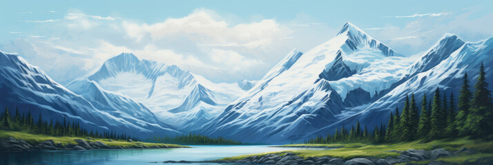 Lake, forest and mountains. Panoramic view. Digital art. - obrazy, fototapety, plakaty