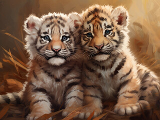 Naklejka na ściany i meble Two tiger cubs. Digital art.