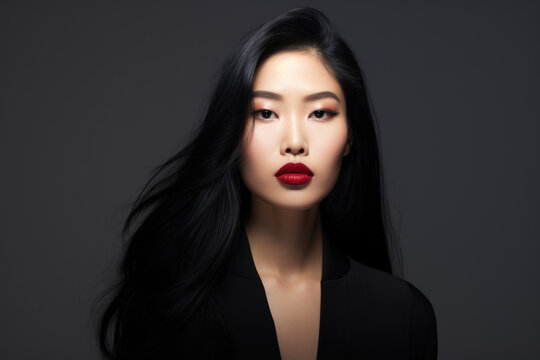 Portrait of a young beautiful Asian woman wearing red lipstick