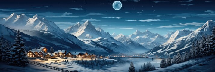 Mountain landscape with ski resort in lights at night, Snow, Sky and moon in winter on Christmas. - obrazy, fototapety, plakaty