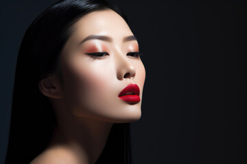 Portrait of a young beautiful Asian woman wearing red lipstick