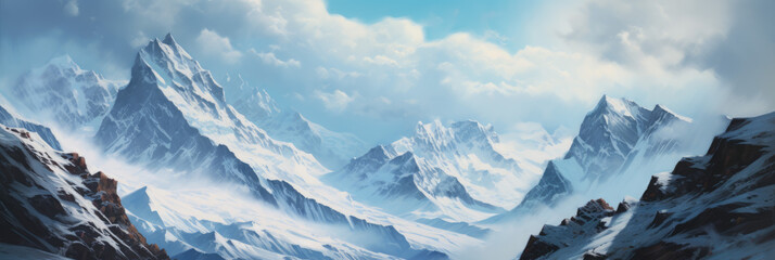 Fototapeta na wymiar Snowy mountains in the clouds. Digital art.