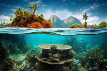a tropical island with corals and trees under water