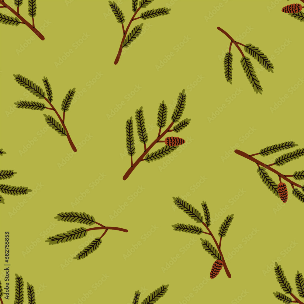 Poster green conifer tree branches, seamless pattern. fir and cedar twigs, endless natural background. wint