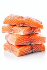 Ocean's Bounty: Raw Salmon Fillets Stacked for Presentation on White Background
