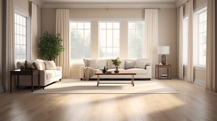a living room with white couches and a table