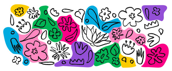 Set hand drawn in black brush linear flowers. Bright spots, blots. Abstract modern background with plants