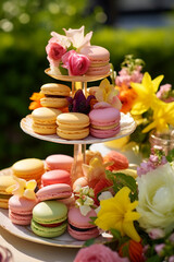 Obraz na płótnie Canvas Seasonal Sweetness: Spring/Summer Dessert Table Featuring a Three-Tiered Tray of Treats