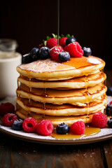 Indulgent Morning: Stack of Fluffy Pancakes Adorned with Berries and Maple Syrup