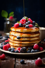 Indulgent Morning: Stack of Fluffy Pancakes Adorned with Berries and Maple Syrup