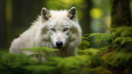 Majestic white wolf, focused gaze toward the camera, among the vibrant green foliage of a lush forest with a blurred background