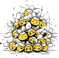 Vector hand drawn illustration of a group of funny bees doodle style