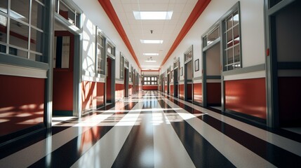 Fototapeta premium Navigate Through a Lively School Hallway Boasting a Striped Shiny Marble Floor