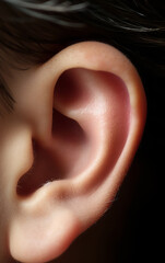 Close-Up of young boy's ear isolated on black background.