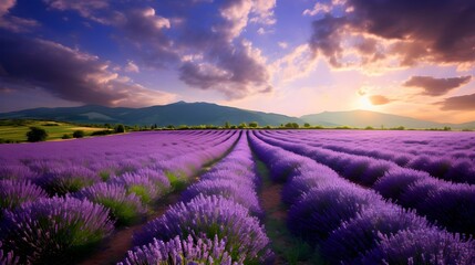 blooming lavender field at sunset. Generative AI