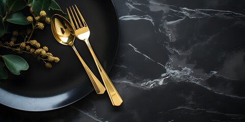 golden cutlery knife and fork on a black stone table, representing a table setting for Christmas or New Year, copy space. Generative AI