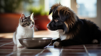 Two lovely pets, gray and white kitty and a black puppy sitting on the floor and a food bowl next to them, waiting for meal and looking at each other 
