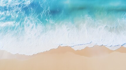 sand beach from above with light blue water wave and sun lights, summer vacation background. Generative AI