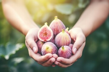 Ripe figs in woman hands on the green garden background