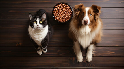 A wide image of pets, cat and a dog sitting on the floor, waiting for their meal and looking up, a food bowl next to them. 