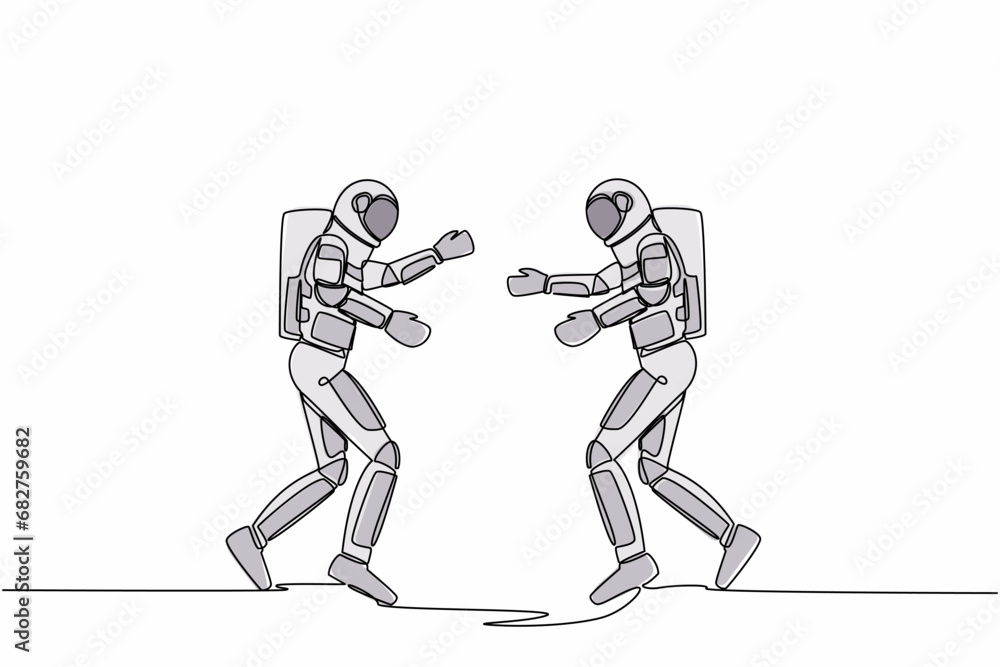 Aufkleber single one line drawing two young astronaut running face to face while getting ready to hug. break a
