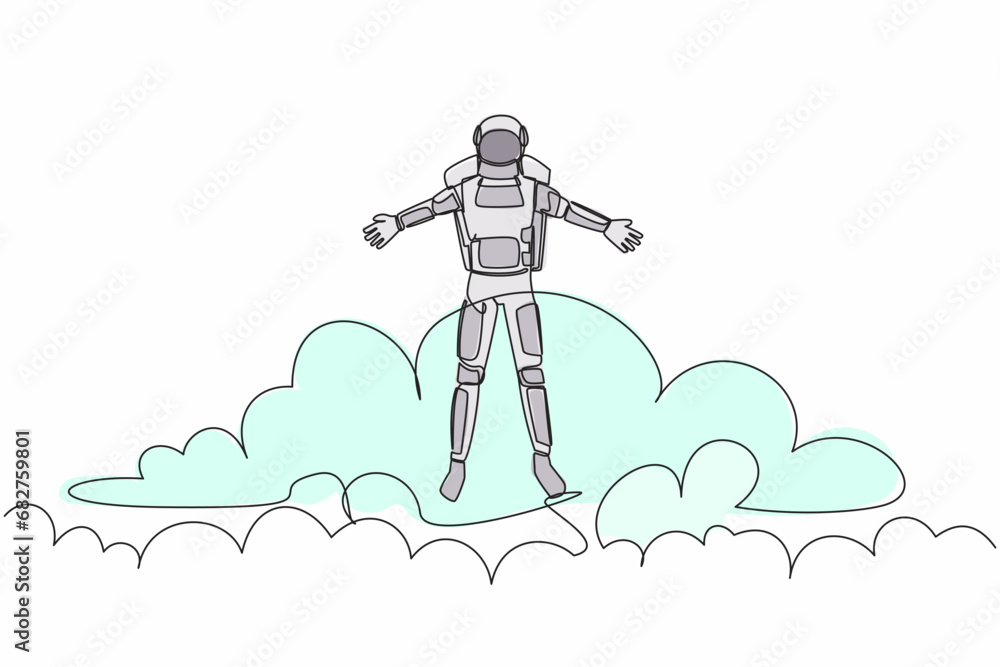 Aufkleber continuous one line drawing young astronaut on top of cloud with raised hand. successful future spac