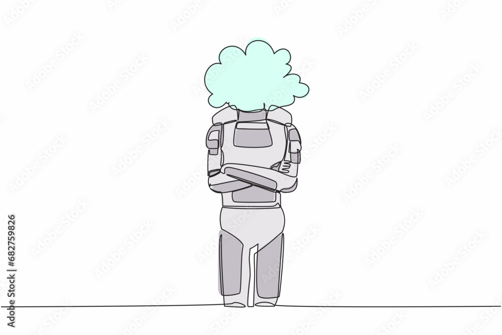Poster single continuous line drawing of young astronaut with empty head and cloud instead. thinking about 