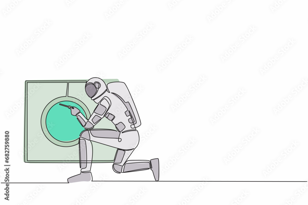 Poster single continuous line drawing of young astronaut fixing washing machine at home in moon surface. fu