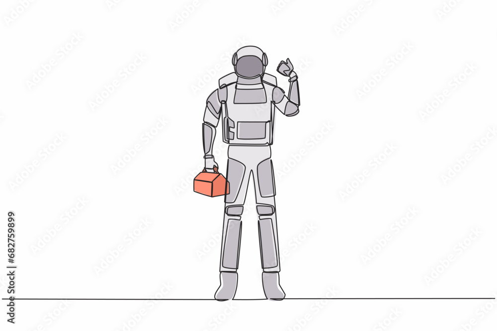 Poster single one line drawing astronaut standing and holding tools box with thumb up gesture. ability to r