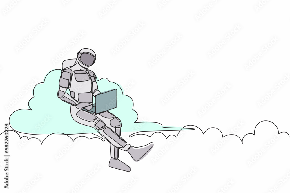 Poster continuous one line drawing astronaut sitting on cloud in sky and working with laptop. wireless inte