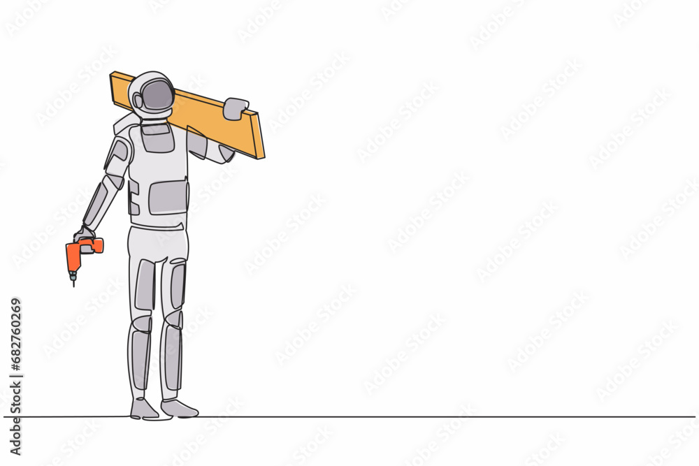 Poster continuous one line drawing astronaut standing with board, tool box, and drill. preparation home rep