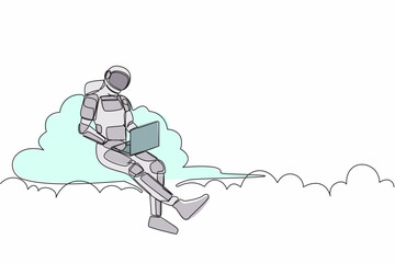 Continuous one line drawing astronaut sitting on cloud in sky and working with laptop. Wireless internet connection in space control. Cosmonaut outer space. Single line draw design vector illustration