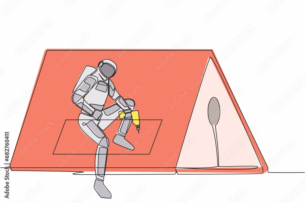 Poster single one line drawing of astronaut roofer installing wooden or bitumen shingle at home in moon sur