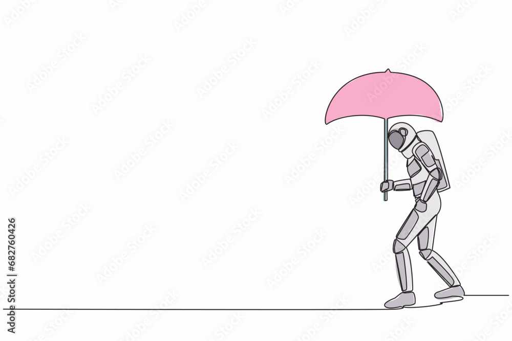 Poster single one line drawing young astronaut walking with umbrella under rain cloud. failed in spacecraft