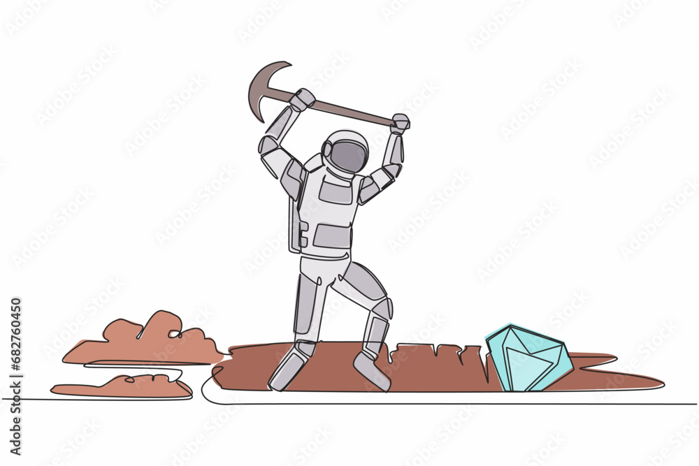 Aufkleber single continuous line drawing of young astronaut in moon hole prancing while lifting pickaxe with h