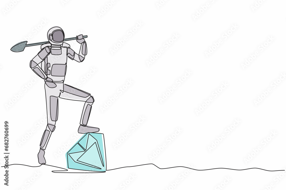Poster single continuous line drawing astronaut digging ground with shovel and step on big diamond. success